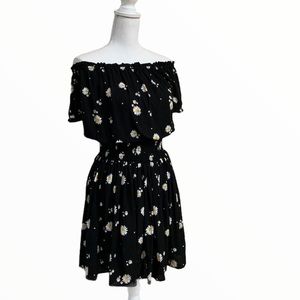 OFF THE SHOULDER SMOCKED WAIST PUFF SLEEVES BLACK FLORAL DRESS